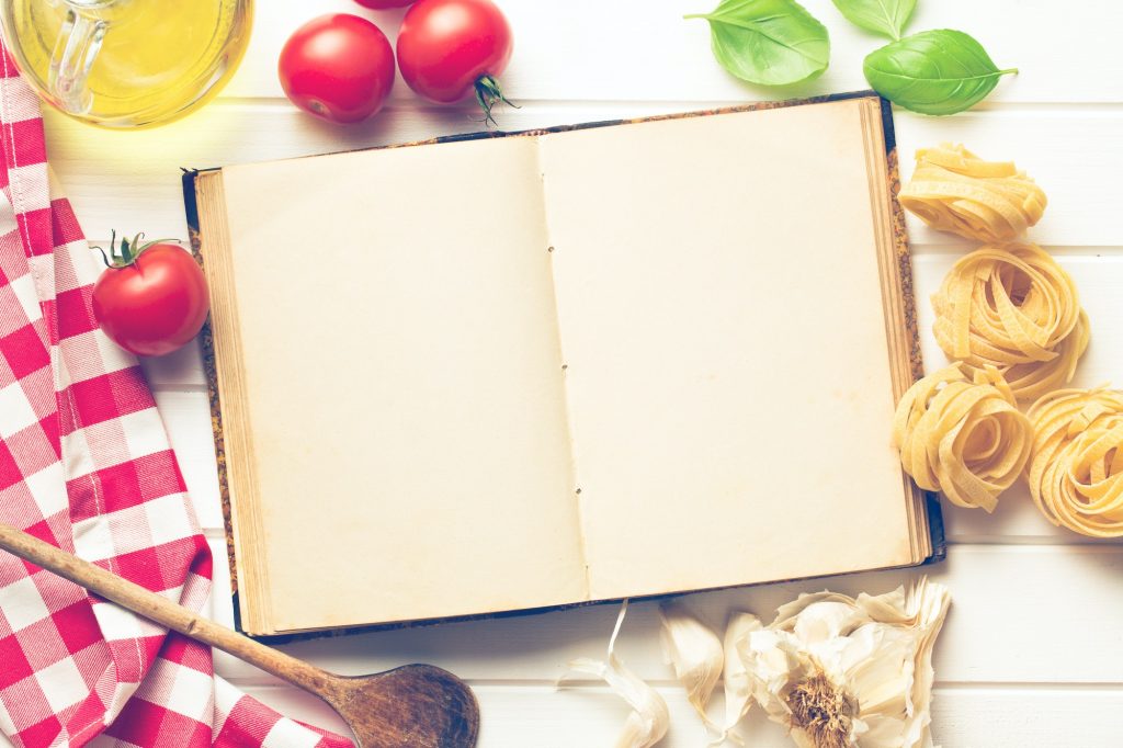 blank recipe book and fresh ingredients